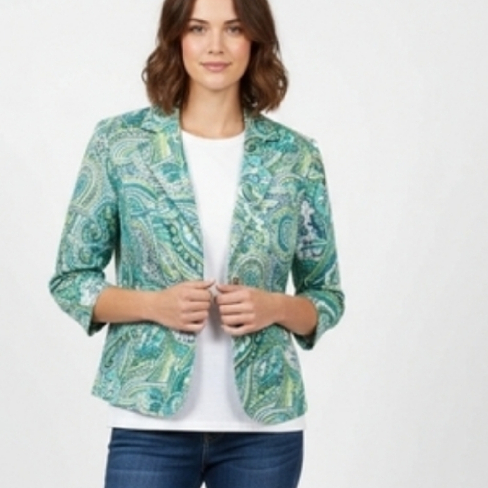 Versailles Turquoise And Green Paisley Blazer  Size 12 Vintage Inspired NWT